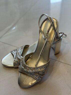 Nine West Silver Sequin Block Heel Sandals